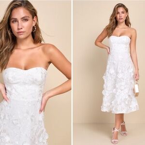 LULUS Bridal Shower Engagement Elegant White Floral Bustier Corset Midi Dress